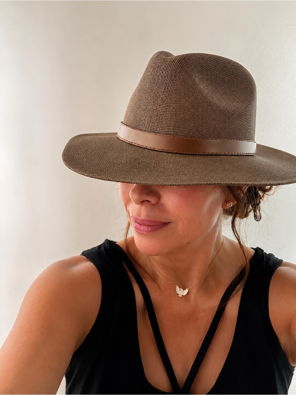 Women’s Brown Fedora Panama style Hat with faux Leather Band mesh